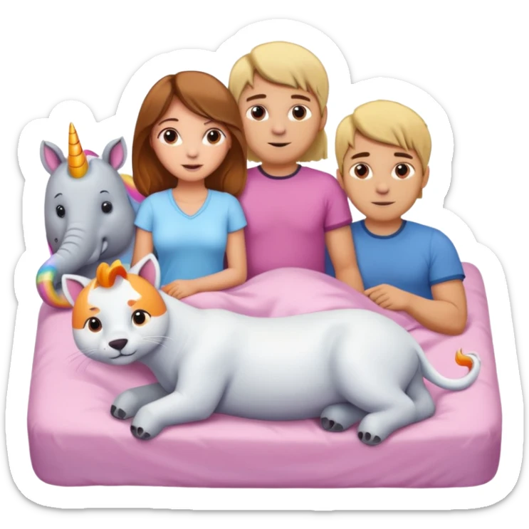 A girl with brown hair and guy with blonde hair in a bed with an elephant and an orange cat and a polar bear and a pink unicorn sticker