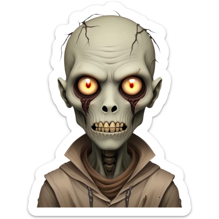 Cinematic Realistic WoW undead civilian Portrait, head tilted epicly and inquisitively, showcasing grim resilience and defiant strength. His withered, pallid skin and intense, glowing eyes contrast starkly with his worn, earth-toned clothes, rendered in meticulous detail. With dynamic, high-contrast lighting and high shine, this portrait exudes an epic aura, capturing the relentless will of a battle-hardened undead civilian. sticker