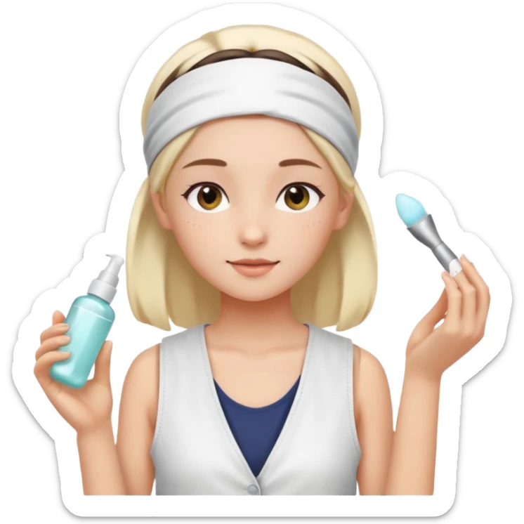Clean girl aesthetic emoticons, apply skincare products, headband, glowing skin, white vest, soft lighting sticker