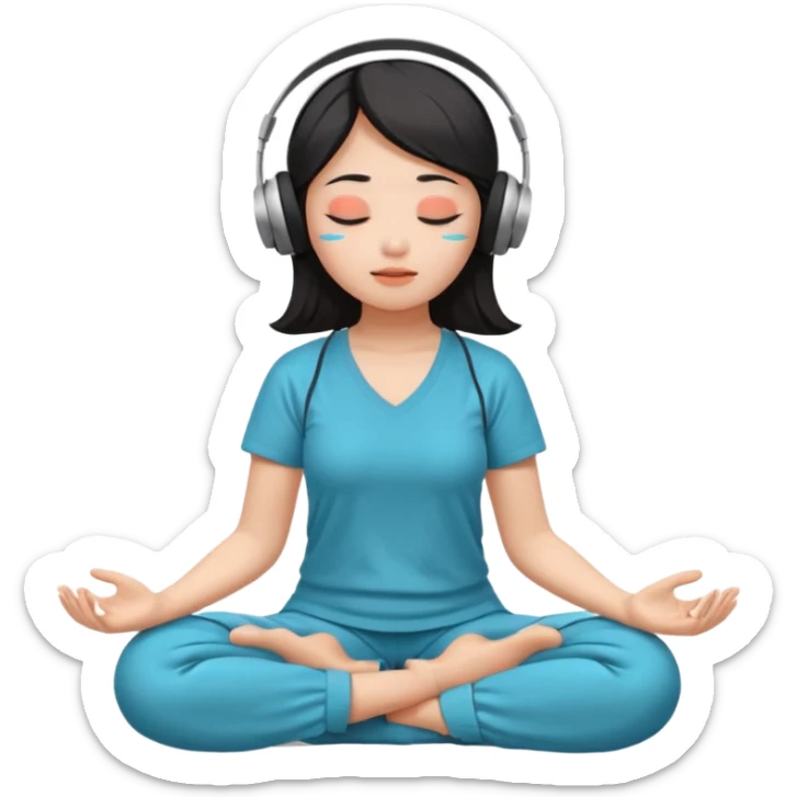 An East Asian woman🧘🏻‍♀️ is sitting cross-legged in a meditation pose, wearing Apple headphones🎧 and listening to music. The song is so beautiful that she has her eyes closed and tears streaming down her face. sticker