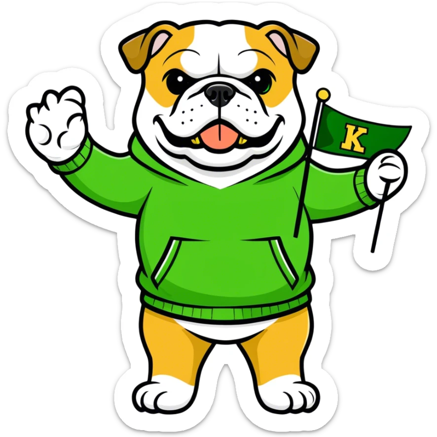 A bulldog wearing a green sweatshirt holding a little green flag sticker