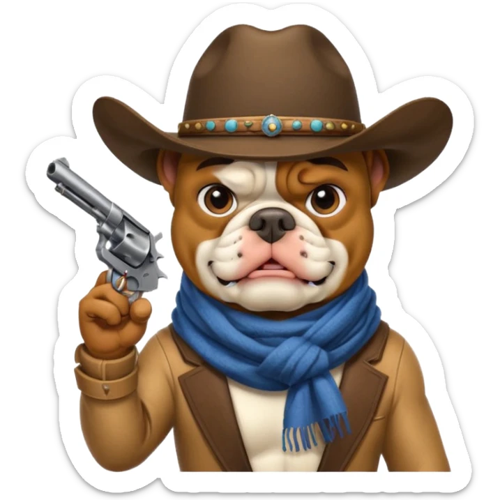 A bulldog wearing a cowboy hat, covering his mouth with a scarf so he wouldn't be recognized, pointing a revolver at you, telling you to hand over your money. sticker