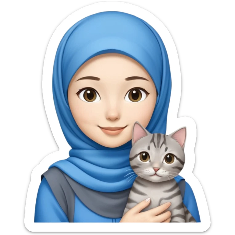 Asian white girl wearing blue hijab with dress holding a black grey tabby cat while smiling sticker