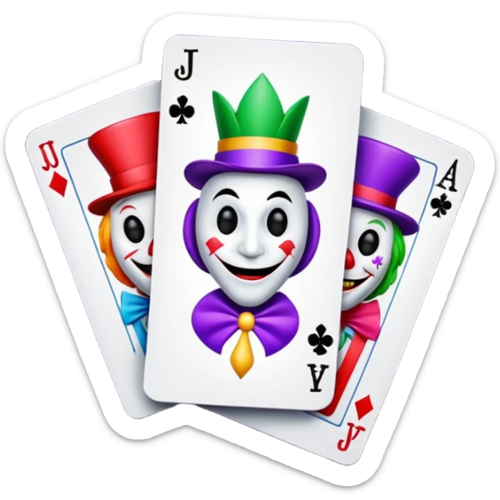 bunch of 3 poker cards, with crazy colorful jolly jokers inside, inversed face sticker