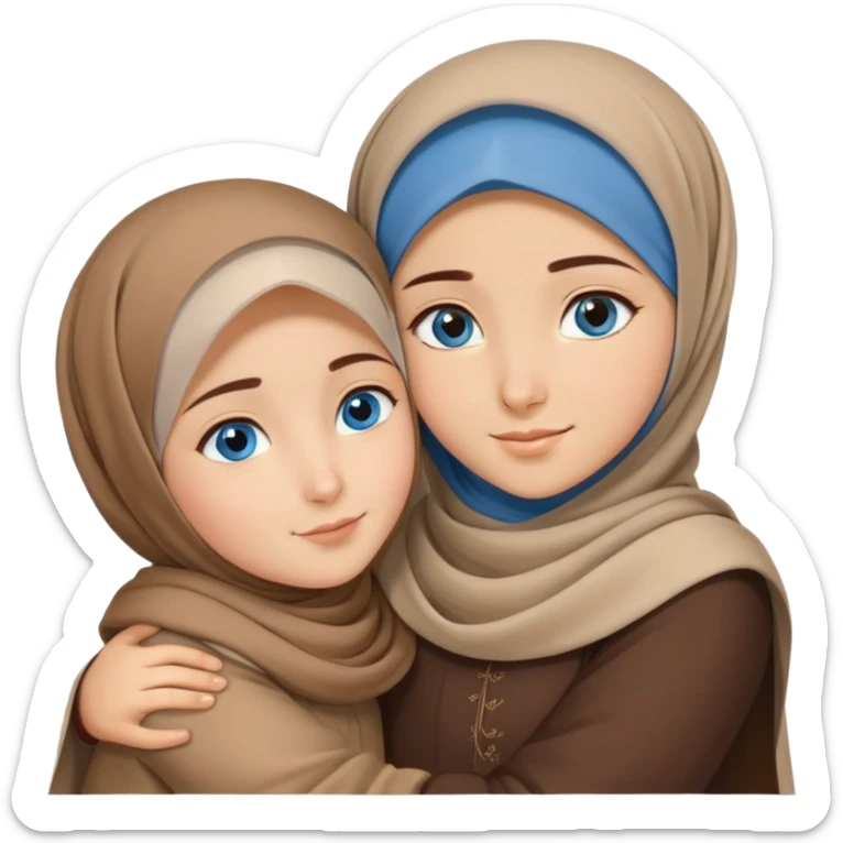 Turkish beautiful finish Konya girl blue eyes with brown beige hijab islamic dress and hugs with big boy brother  sticker