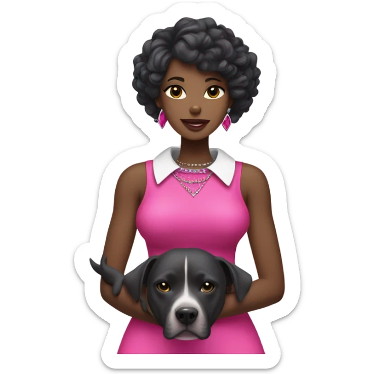 Black lady with black hair wearing hot pink dress hugging large grey pitbull with spiked pink collar sticker