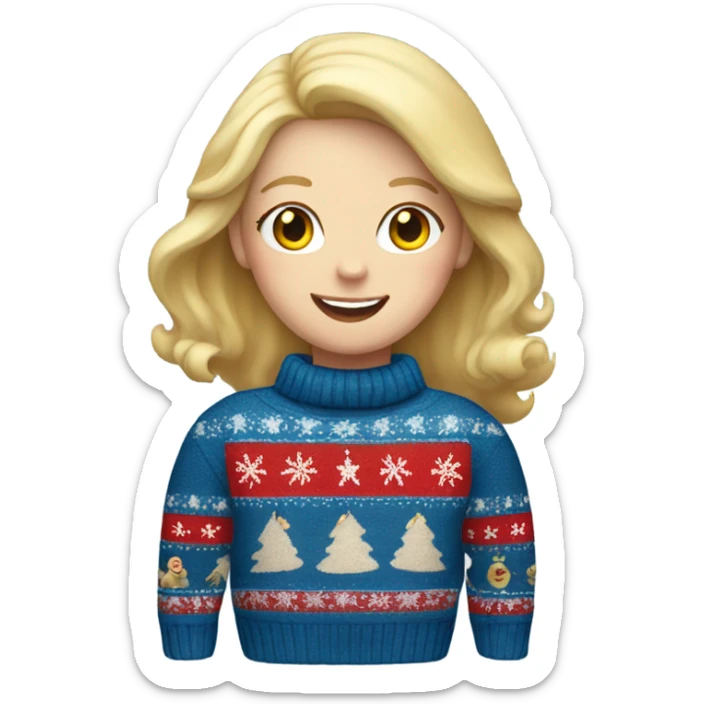 Happy white woman with blonde hair and  christmas jumper and blue jeans  sticker