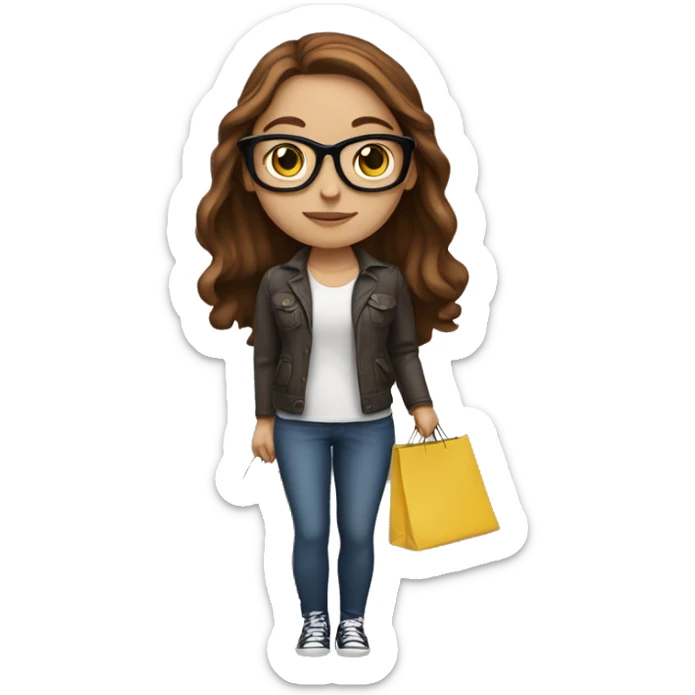 white girl with long brown hair and glasses. she has shopping bags in her hand. sticker