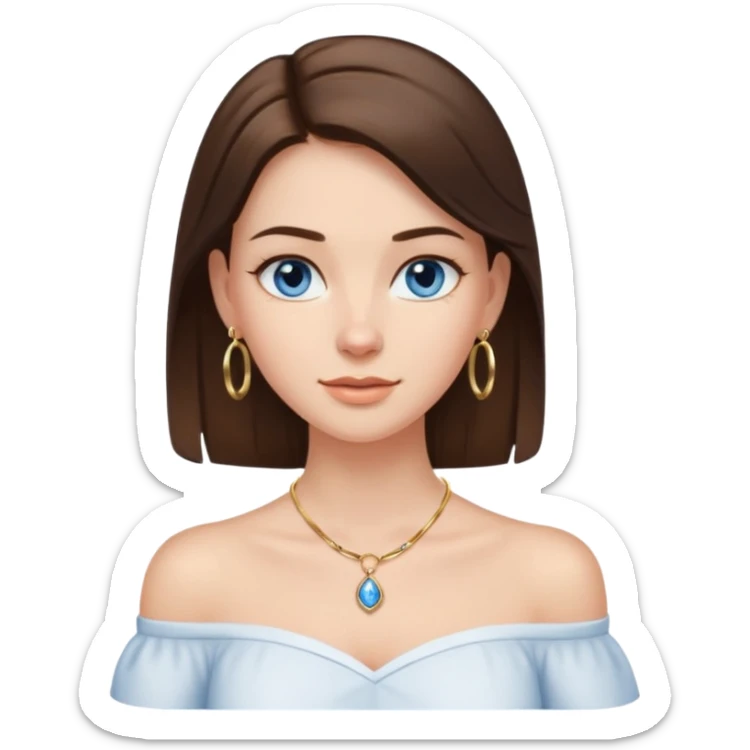 A pretty white girl with brunette hair blue eyes  thin gold hoop earrings and a matching gold necklace in a white shirt that cuts off the shoulders sticker