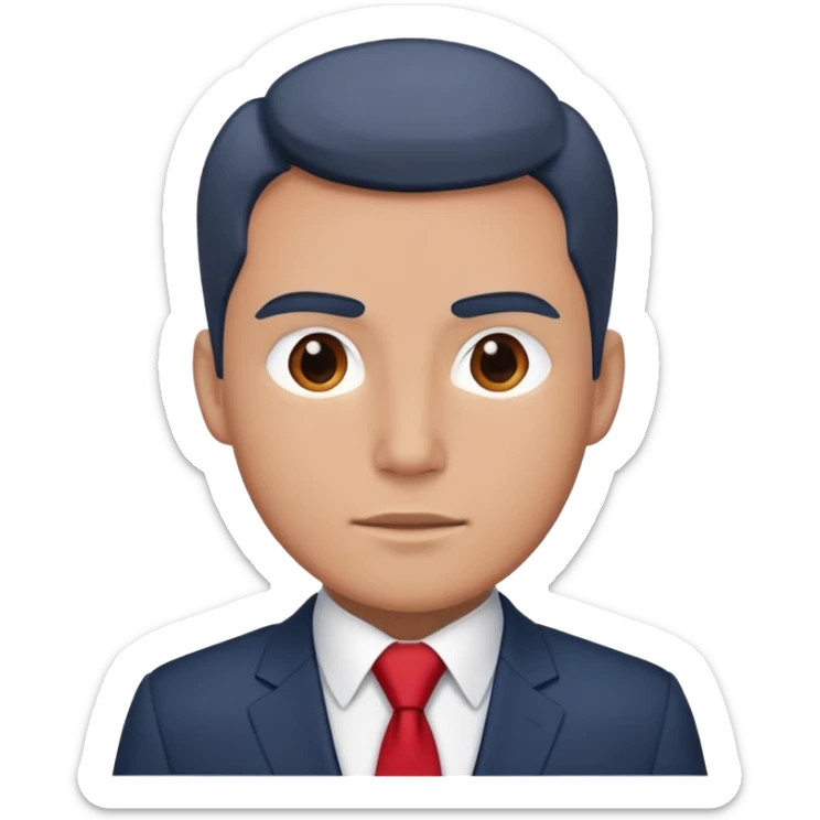 man wearing a dark blue-gray business suit with a white shirt and a red tie sticker