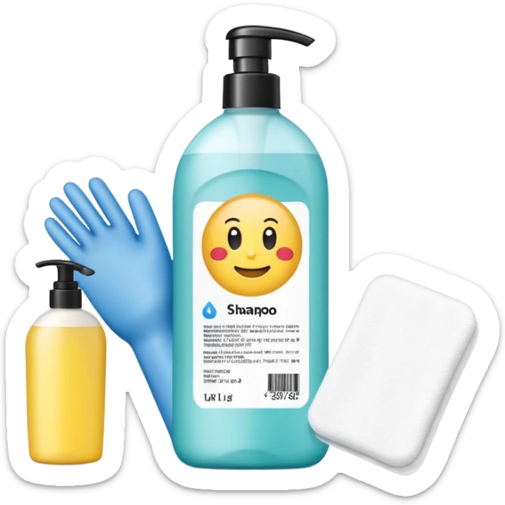 emoji of big (1L) bottle of shampoo, disposable gloves and cotton pads (for makeup) are standing on a table, products look like its always running out, add brand labels to them, make quantity bigger , and i want to see more disposable products, without faces sticker