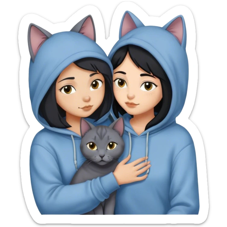 A Russian Blue Cat cuddling with a 25 year old black haired Girl with a hoodie on sticker