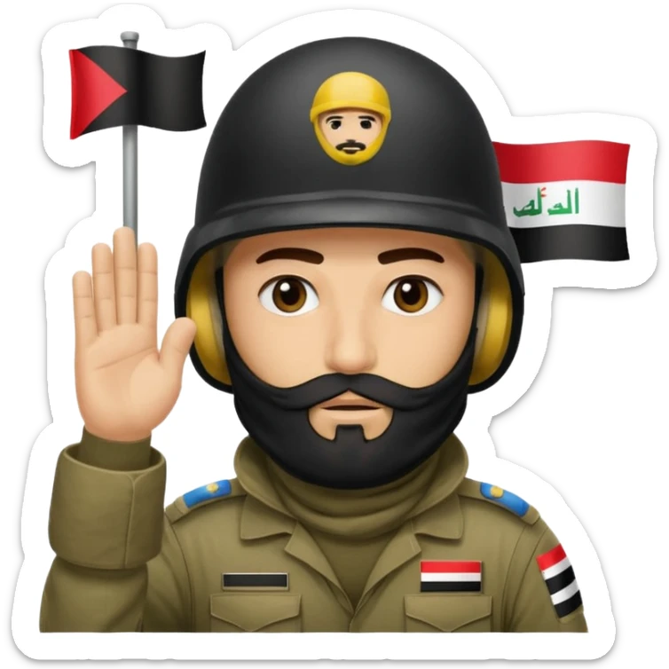 surrenders, depicts an Iraqi soldier from 1980, with a beard, in a helmet, a helmet with sign flag Iraq, with a balaclava, with sad eyes and both hands raised up sticker