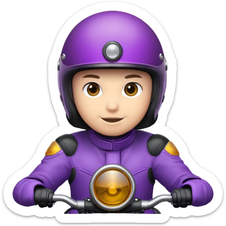 Créer un emoji avec une moto mt07 sport noir mate / violet iridescent très foncé, pare-brise de la moto violet. Avec une pilote dessus, visage complet caché  par la visière violette . Avec en arrière plan cercle violet. sticker