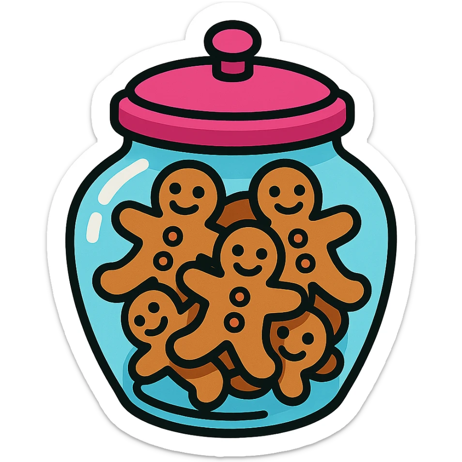 cartoonish glass cookie jar, pink lid, gingerbread cookies, isolated sticker