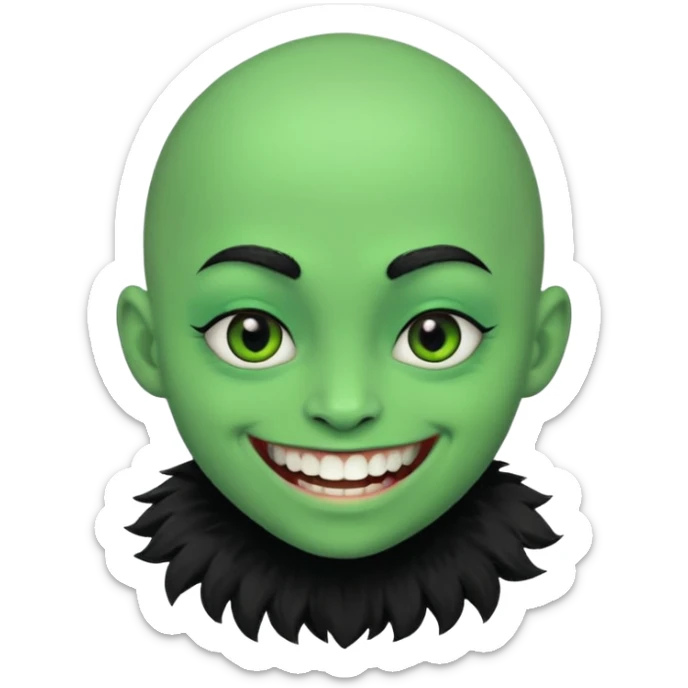 A bald person with bright green sclera and bright green teeth, grinning widely. Has fluffy black neck fur, with a fluffy black body sticker