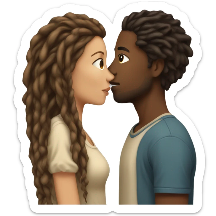 Brown skinned young man with dreadlocks and young woman with beige skin and dark blonde hair kissing sticker
