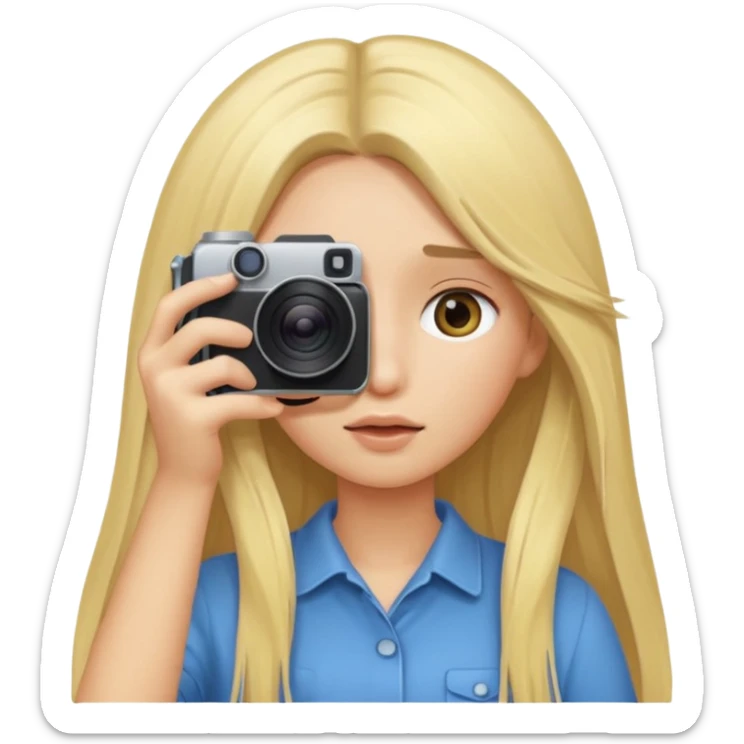 blonde cartoon girl taking picture camera in front of her face long hair over both eyes sticker