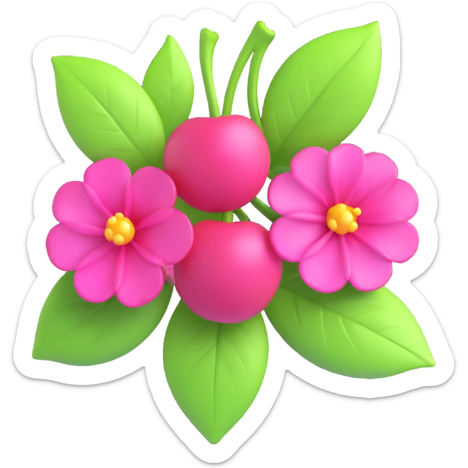 3D iOS-style illustration of two bright pink cherries with green leaves and pink flowers, metallic effect, no background. sticker