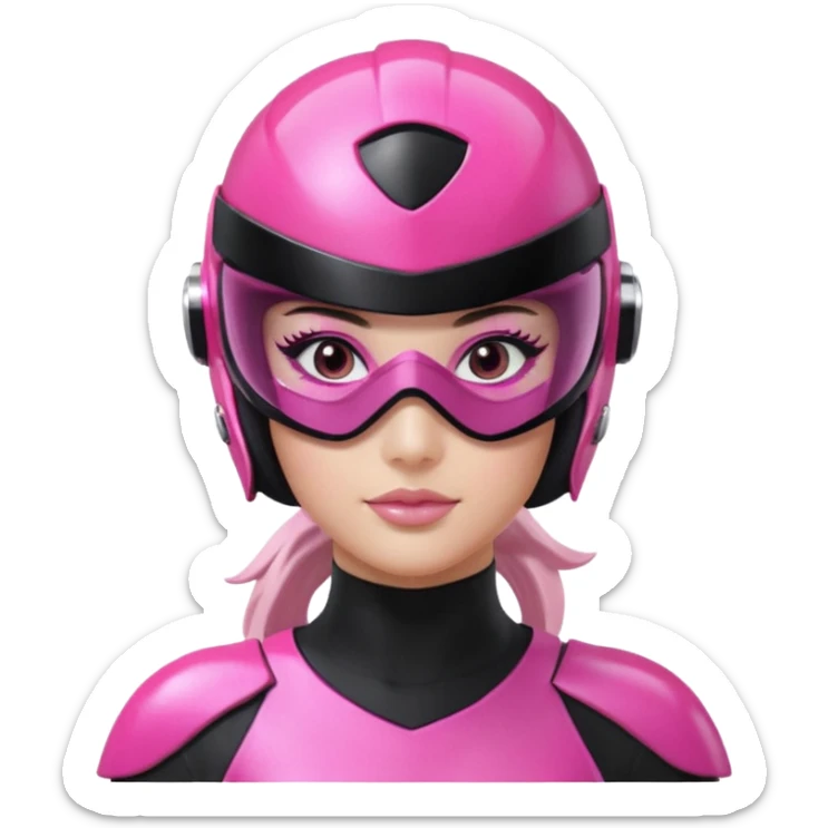 pink power ranger, woman emoji, with helmet on, black visor eye protection, black, power ranger helmet, black visor power ranger helmet pink sticker