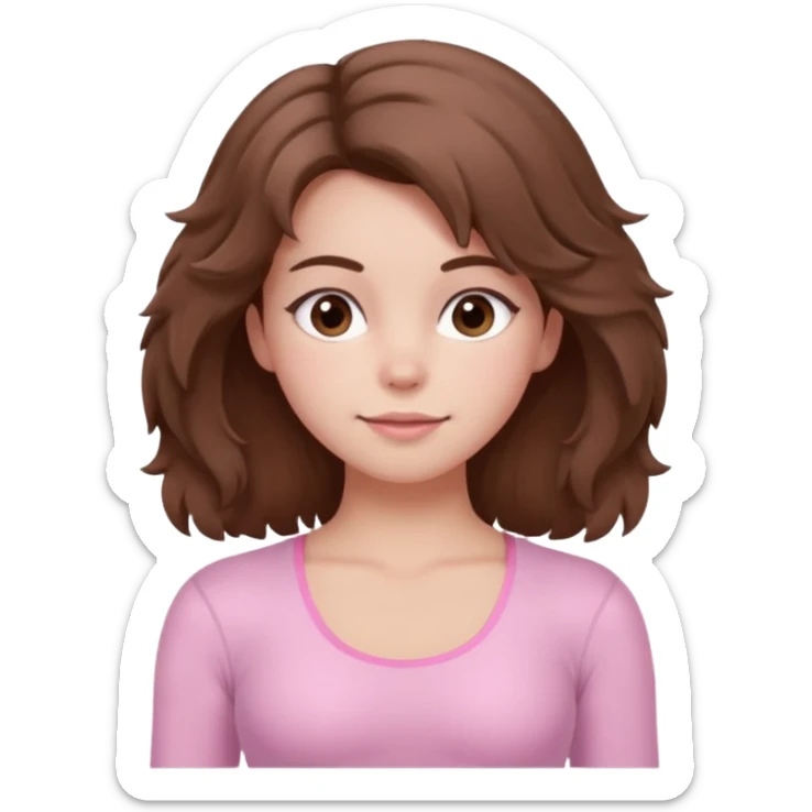brown hair girl wearing light pink pilates clothes, fluffy medium hair and brown eyes sticker