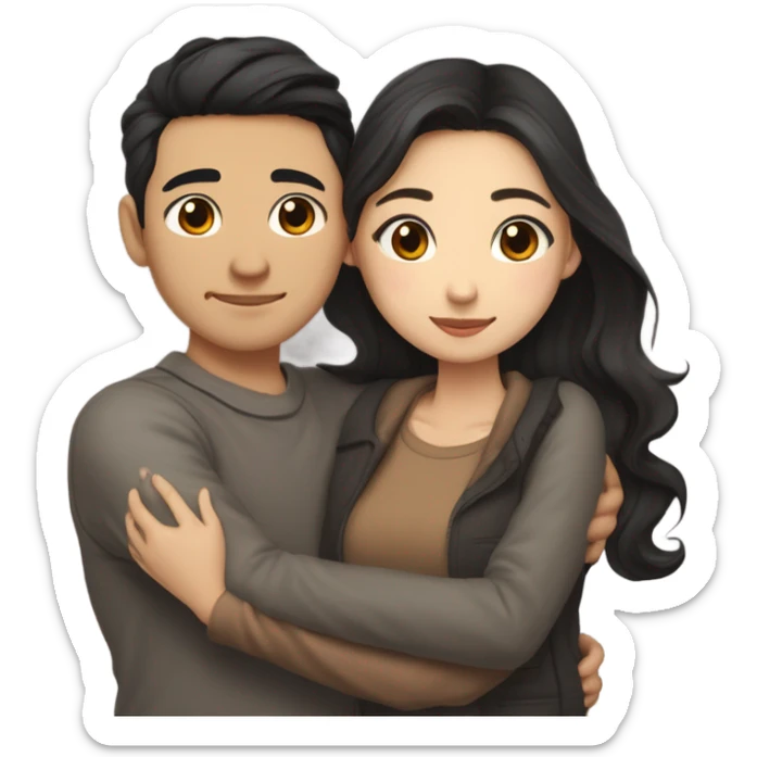 A half pale Asian man with short dark hair and amber eyes embracing and loving a half Asian woman with long wavy dark hair and dark hazel eyes. They love each other a lot And have good fashion taste and are hugging each other tight  sticker