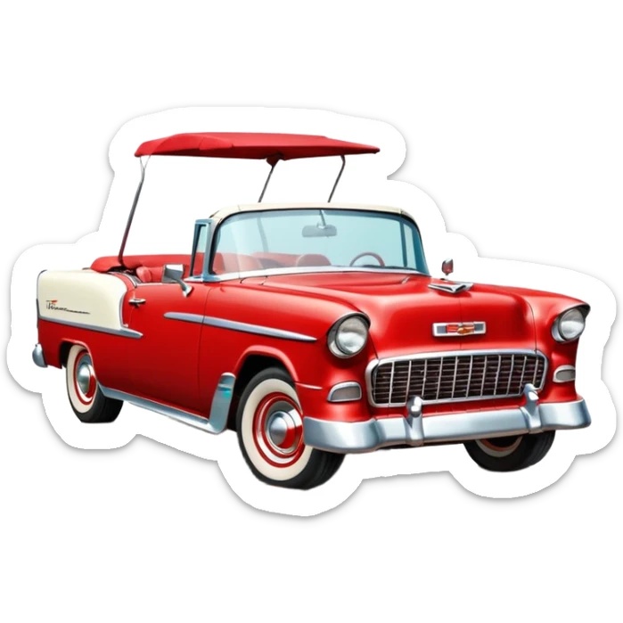 1955 Chevrolet Bel Air Convertible, Red-White color, with a bucket of brown mud pouring down on it. 32x32 pixels, aspect ratio: 1:1 sticker