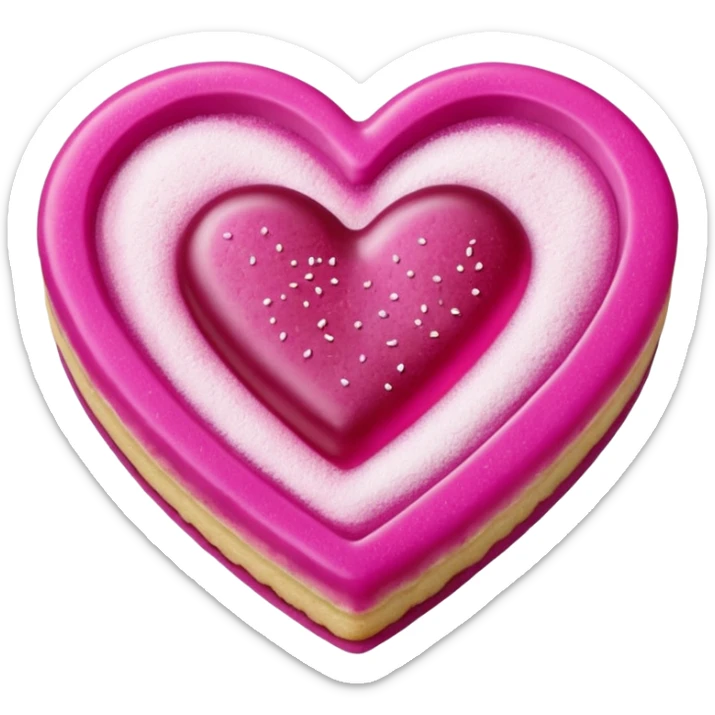 Realistic shortbread cookie in the shape of a heart with Fuchsia color jelly middle filling and sprinkled powder sugar on top. sticker