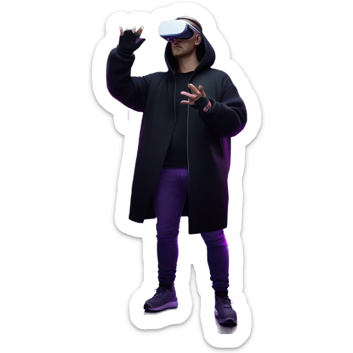 Russian man wearing a black hoodie with "OMG" letters on it and VR headset oculus quest 2 in a cyberpunk VR environment with violet neon lighting. Showing direction with hand sticker