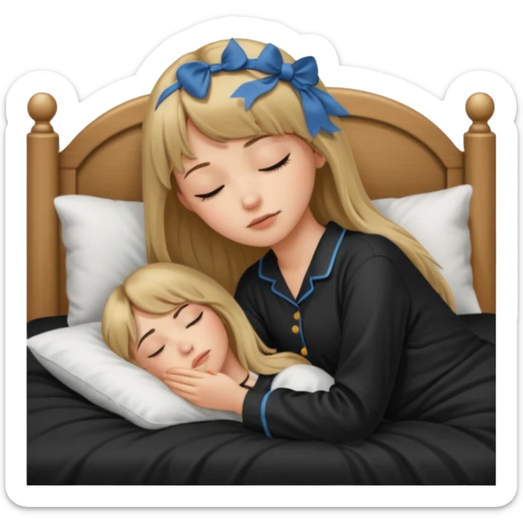 Young woman with long dark blond hair all around her, and a bang, sleeping in bed  with black pyjama  sticker