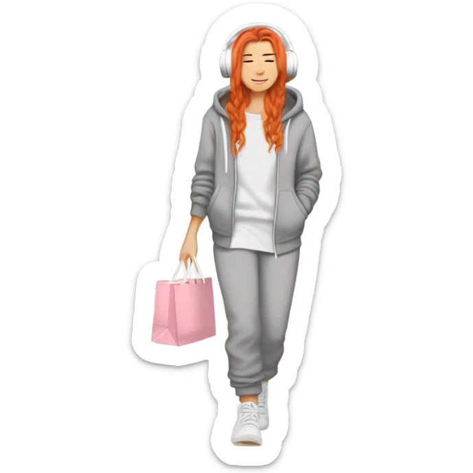 beautiful fair skin red orange long hair white girl light grey big sweatpants light grey big hoodie cozy Ugg shoes beautiful girly full body walking headphones side profile with a pink straw drink holding shopping bags sleepy cozy sticker