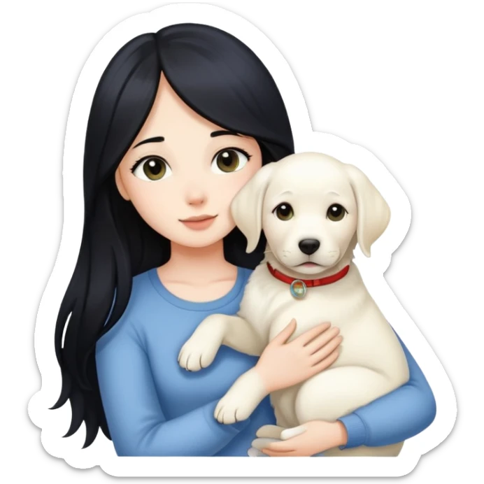A beautiful girl with long black hair and fair skin is holding a white Labrador sticker