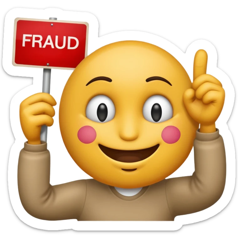 emoji of a cheeky meme character holding a sign that says 'fraud' sticker