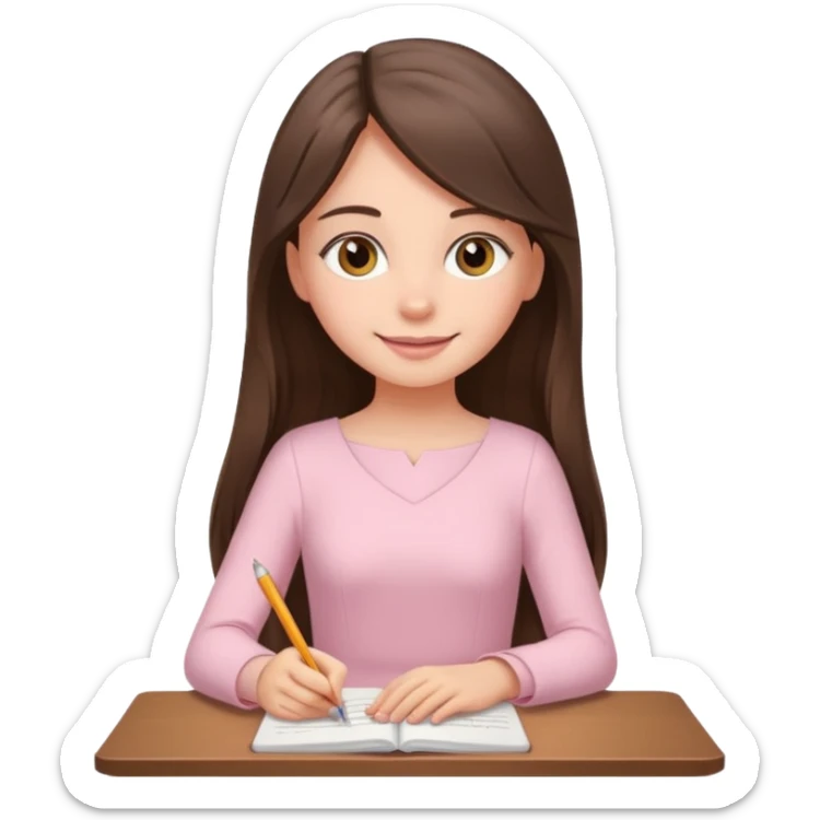 pretty smiling long brunette hair girl with hazel eyes wearing light pink dress writing sticker