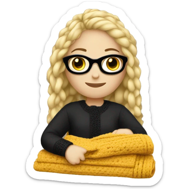 A blonde hair girl with black glasses crocheting a blanket sticker