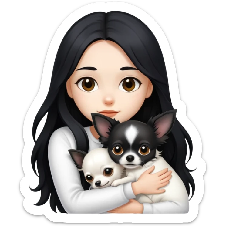 Fair skin girl - long black hair - white clothes - hugging a black long hair chihuahua sticker