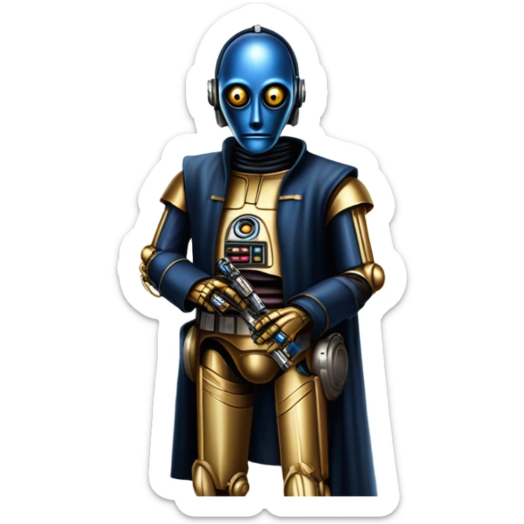 tough well-equipped jedi first order life-sized darkblue-pearl C3po as a friendly bounty hunter droid wearing a leather attire old west duster coat holding light saber ready  sticker