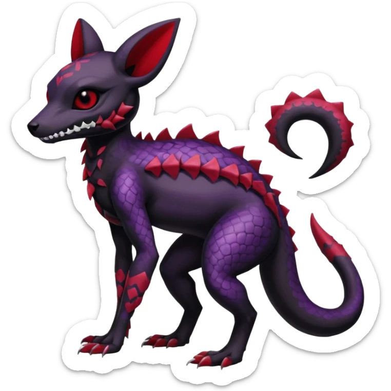 Gothic Black red purple Scaley Exotic Salandit-Umbreon-Noibat-Fakémon-hybrid-creature (full body), 4 legs, white skull face mask sticker