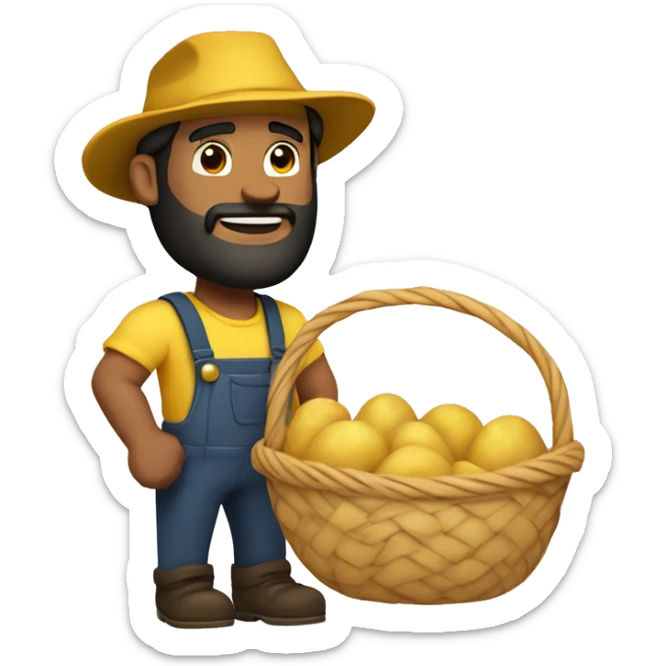  Slightly Brown skin handsome guy with black hair and beard wearing yellow farmer's hat and holding a basket full of potatoes sticker