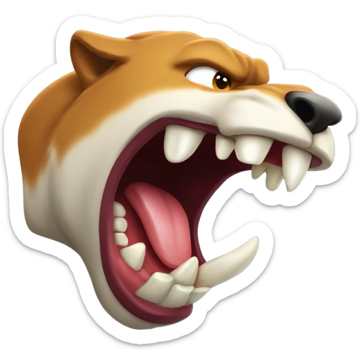 the teeth of a wild animal, in profile to the right side, an aggressive growl, saliva sticker