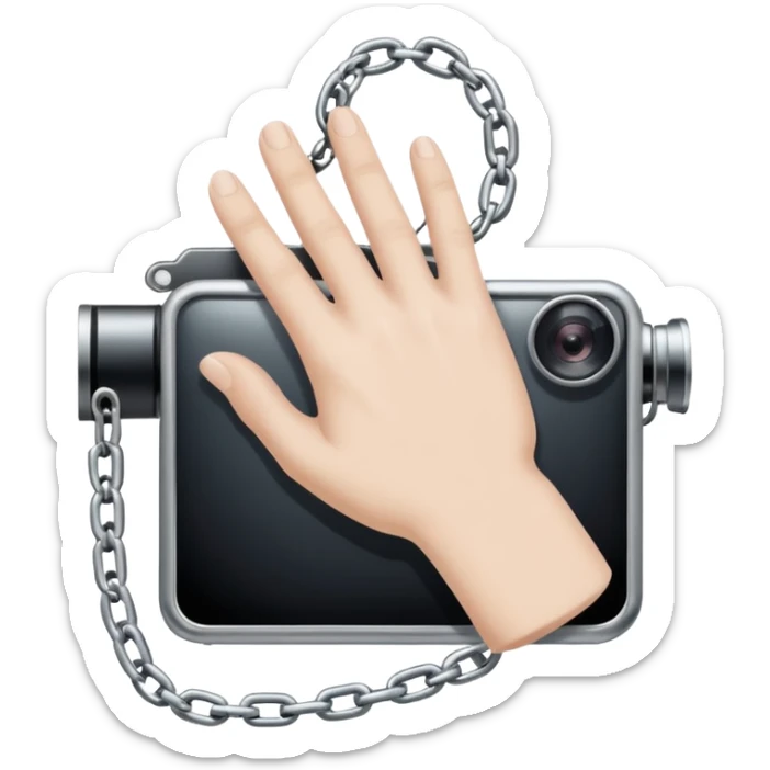 Minimalist emoji-style sticker of a human hand bound by a chain leading to a video camera. Icon-like, clean silhouette, muted tones. sticker