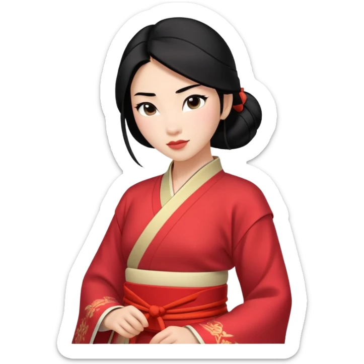 Mulan from hips up, traditional Chinese outfit, black hair, minimal style, larger size sticker