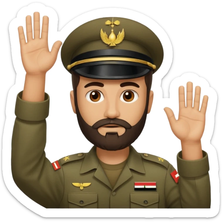 surrenders, depicts an Iraqi soldier from 1980, with a beard, a sad face and raised hands sticker