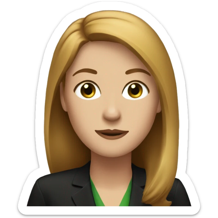 executive woman, straight golden brown hair, green eyes, black dress sticker