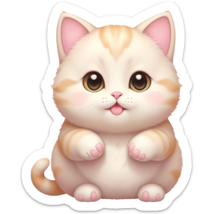 Cinematic chubby pastel kitten, big round eyes full of wonder, tiny paws reaching up, soft fluffy fur glowing in warm light, delicate heart-shaped nose, irresistibly cute and snuggly. sticker