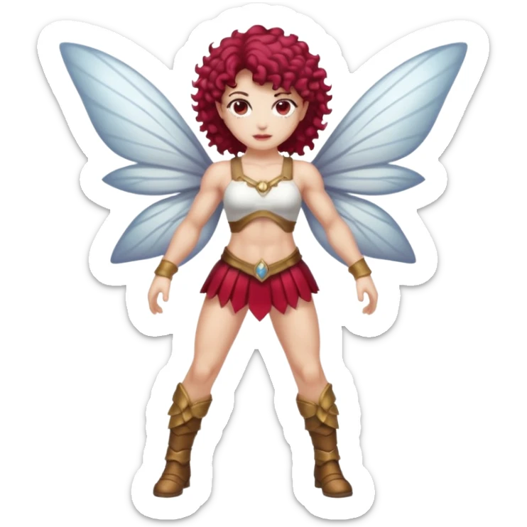 full body woman short curly brown mullet brown eyes white skin muscular build cranberry battle fairy sticker