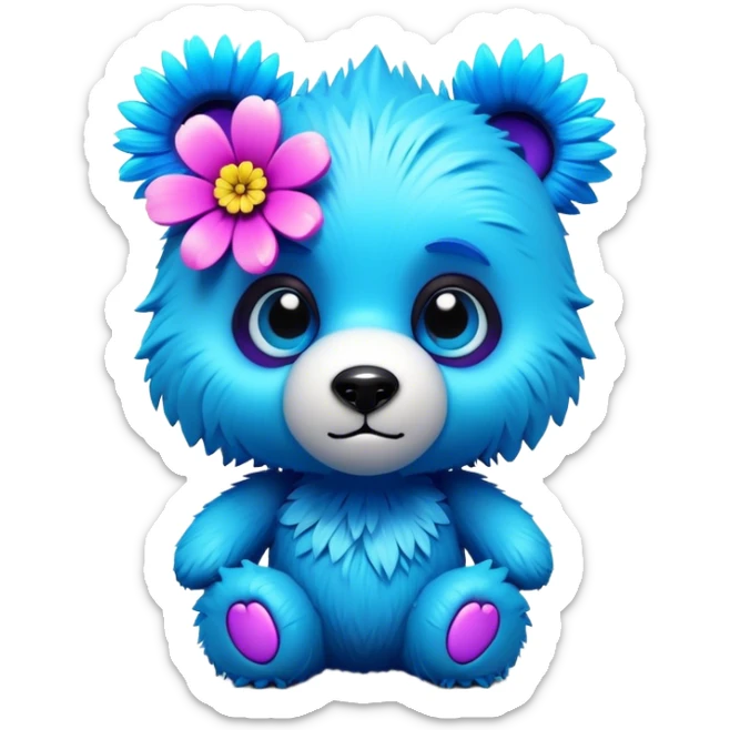 3D, adorable little Pixar style blue neon punk bear with a flower, ultra detailed, each lash, eye, and strand of fur is shown in stunning detail as though captured in a timeless photograph, rich textures, visually rich, so lifelike it feels like it could leap off the page at any moment sticker