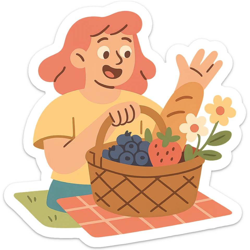 picnic basket with berries, bread, and flowers in warm pastel shades, pastel-toon style sticker