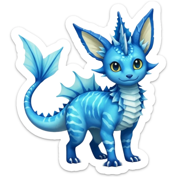 Feral Rare Fantasy vibrant tropical cobalt-blue and cyan Vernid-Trico-Vaporeon-Amaura-species-creature by LiLaiRa, random markings, tufted tail, tufted ears, full body sticker