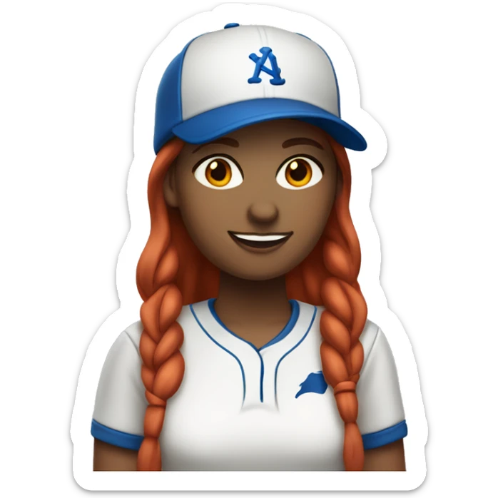 front facing standing up female coach with long red hair, wearing a white t-shirt and a simple baseball blue hat sticker